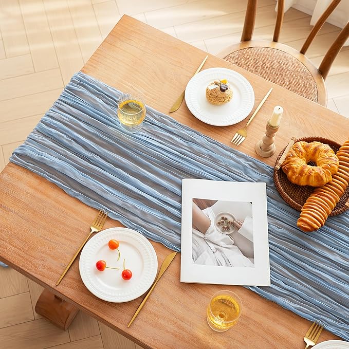 FEXIA 10 Pack Dusty Blue Gauz Table Runner 35x120 Inches Gauze Table Runner for Bridal Shower Wedding Party First Communion Centerpiece Engagement Boho Table Decoration (Dusty Blue)