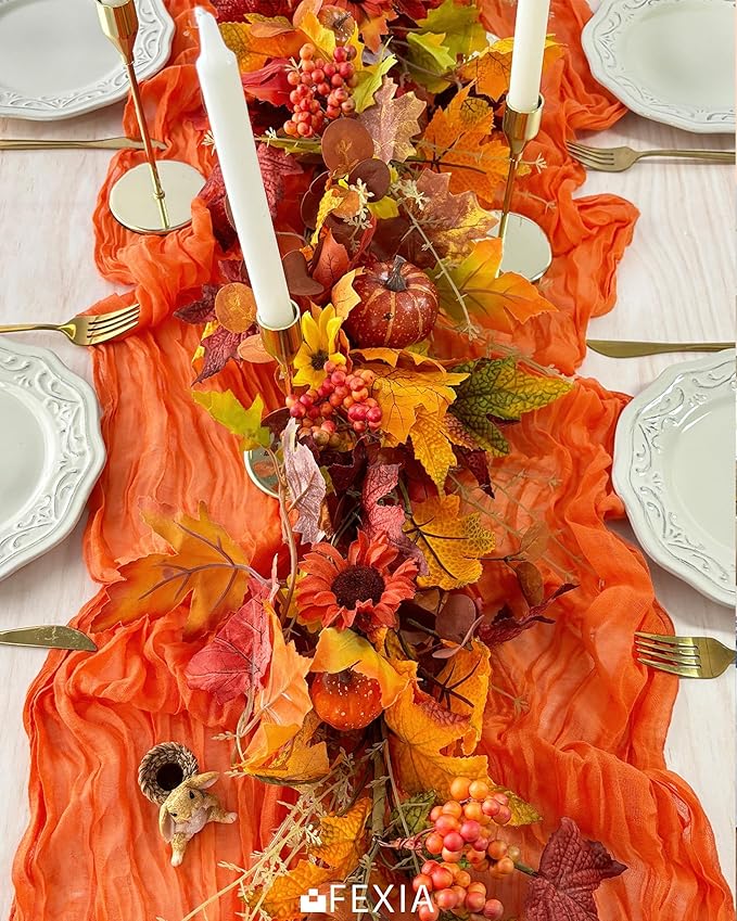 FEXIA 3 Pack Orange Fall Table Runner 35x120 Inches for Baby Shower Decoration Gauze Rustic Table Runner for Wedding Party First Communion Centerpiece Engagement Bridal Shower Boho Decoration
