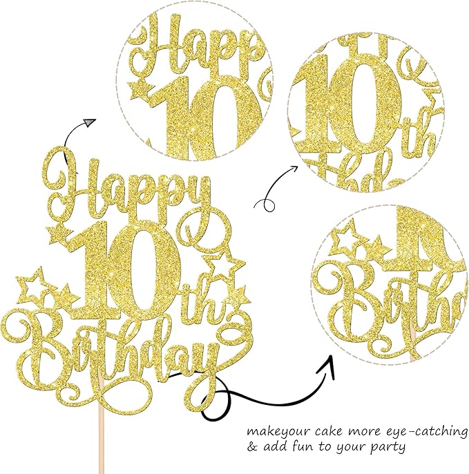 1 PCS Happy 10th Birthday Cake Topper Glitter Cheers to 10 Years Birthday Cake Pick Hello 10 Fabulous Cake Decoration for Happy 10th Birthday Anniversary Party Decorations Supplies Gold