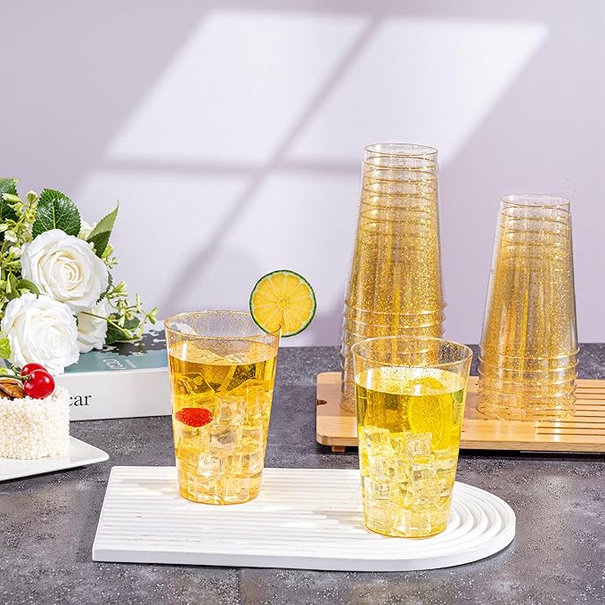 I00000 50 Pack 20 oz Gold Plastic Cups, Gold Glitter Cups Disposable Plastic Wine Glasses Cocktail Glasses Premium Cup, 20 Ounce Glitter Disposable Tumblers for Party & Wedding