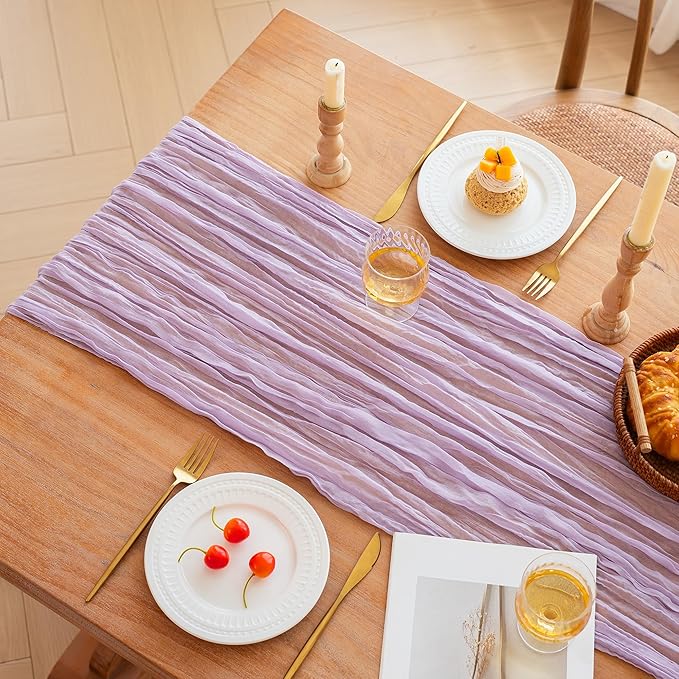 FEXIA 3 Pack Lilac Cheesecloth Table Runner 35x120 Inches for Baby Shower Decorations Spring Easter Table Runners for Wedding Party First Communion Centerpiece Engagement Bridal Shower Boho Decor