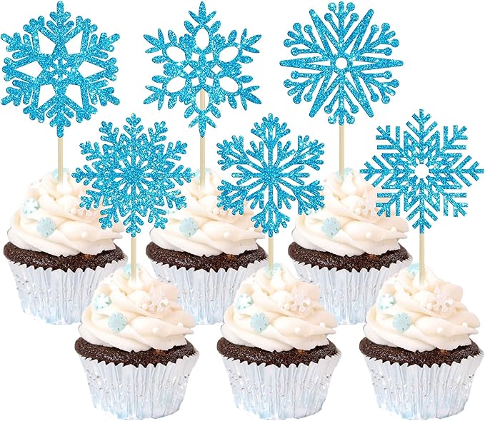 36Pcs Snowflake Cupcake Toppers Blue Glitter Snowflake Cake Toppers Frozen Cake Decorations for Baby Shower Winter Wonderland Christmas Party Cake Decoration Supplies