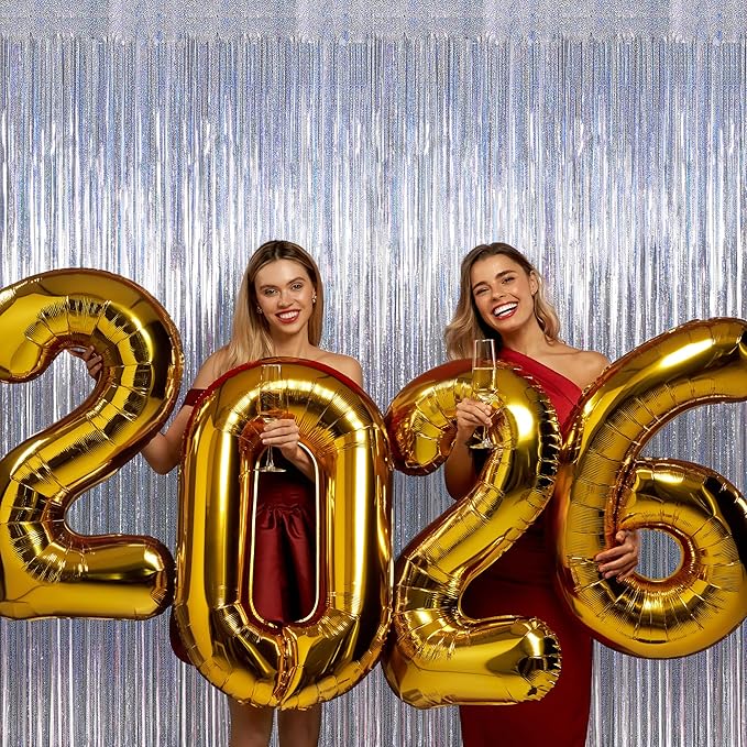 8 Pack 3.28 FT x 7.05 FT Tinsel Foil Fringe Backdrop, Glitter Silver Fringe Tinsel, Metallic Foil Curtains Door Streamer Disco Photo Backdrop Foil Streamer Decor Engagement Party Supplies