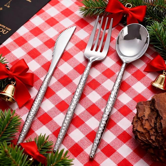 SUT 300PCS Silver Plastic Silverware, Utensils Plastic Disposable, Utensils Set Includes 100 Knives, Forks and Spoons, plastic cutlery, Disposable Silverware for Party, Hammered Silverware Set