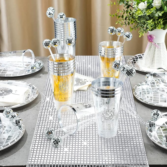 70s Disco Party Supplies Disco Balls Plates Napkins Cocktail Stirrers Disposable Plastic Cups Party Table Runner for 80s 90s Wedding Picnic Travel(101 Pieces)