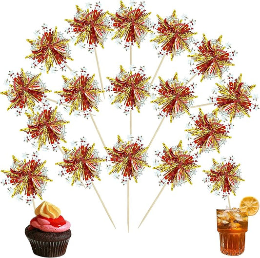 Ephlyn 30Pcs Foil Firework Cupcake Toppers Sparkle Tinsel Cupcake Picks Happy Birthday Cake Decorations Drink Stirrers Cocktail Food Fruit Toothpicks for Baby Shower Graduation Party Supplies Gold Red