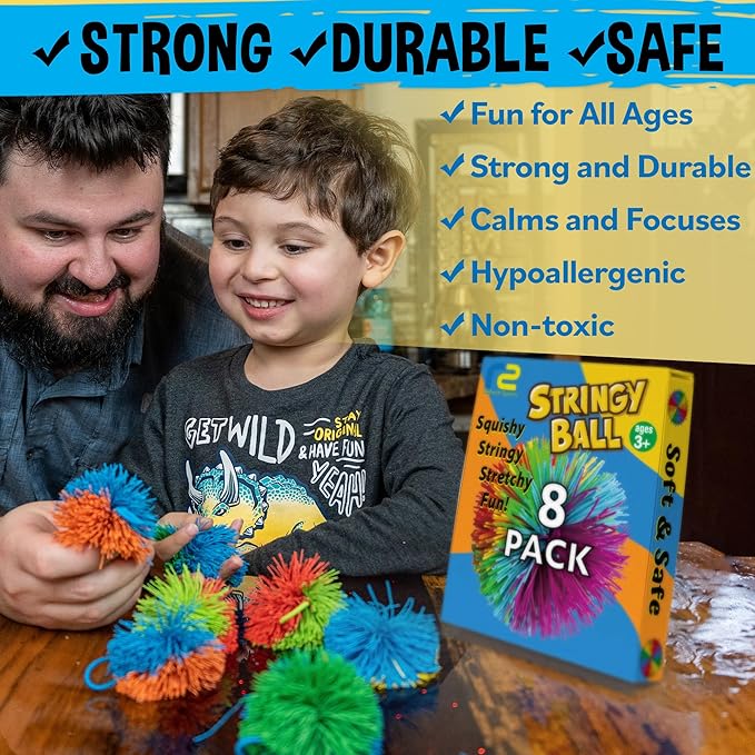 Stringy Balls & Sensory Toys for Kids 8 Pack - Stocking Stuffers For Kids Ages 4 5 6 7 8 + Year Old Gift Ideas - Best Birthday Toddler Gifts for Boys & Girls - Monkey Pom Balls Fidget Toys Stress Ball