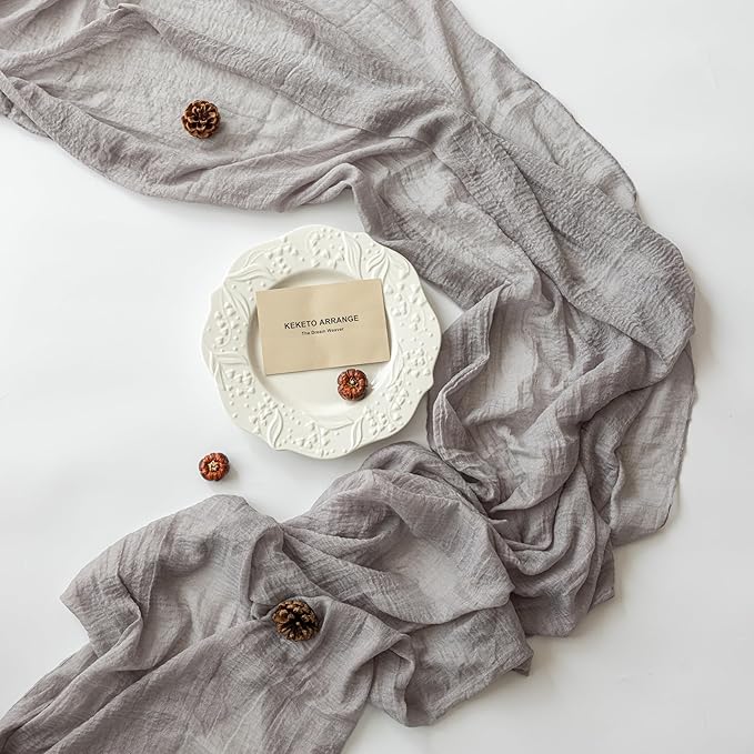 3pcs Grey Gauze Rustic Cheesecloth Table Runner 120 Inch 10 FT for Wedding Baby Shower Bridal Shower Birthday Engagement Garden Outdoor Party Long Sheer Boho Decorations