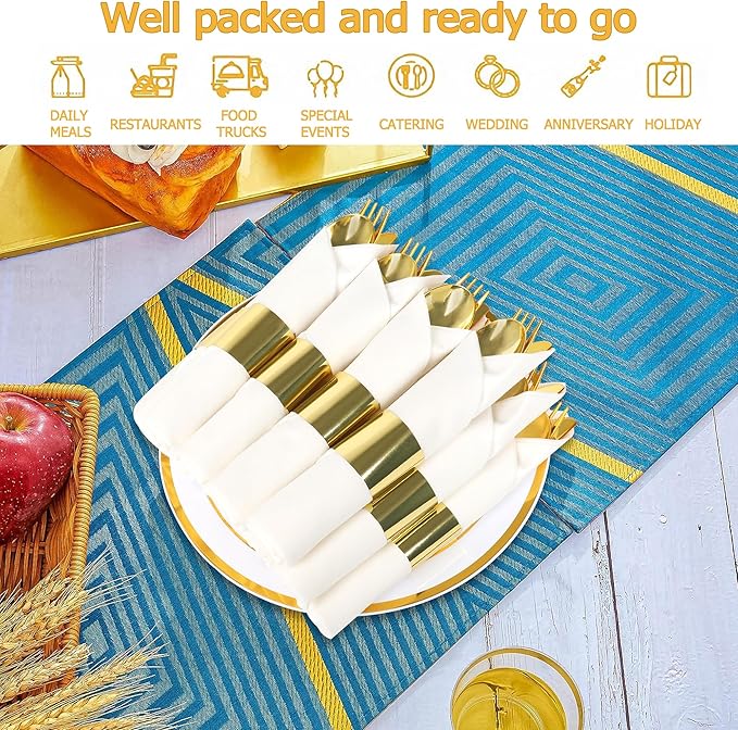 60 Pack Pre Rolled Gold Plastic Silverware Set, Wrapped Plastic Cutlery Set with Napkin Include 60 Forks, 60 Spoons, 60 Knives and 60 White Napkins for Party, Wedding,Birthday,Christmas