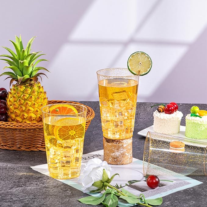 I00000 50 Pack 20 oz Gold Plastic Cups, Gold Glitter Cups Disposable Plastic Wine Glasses Cocktail Glasses Premium Cup, 20 Ounce Glitter Disposable Tumblers for Party & Wedding