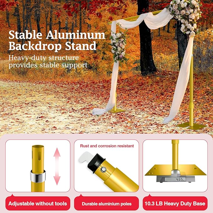 EMART Backdrop Stand Heavy Duty 12x10Ft, Double Crossbar Pipe and Drape Photo Background Support Kit, Adjustable Metal Frame with Flat Base for Wedding Birthday Party Decorations-Gold