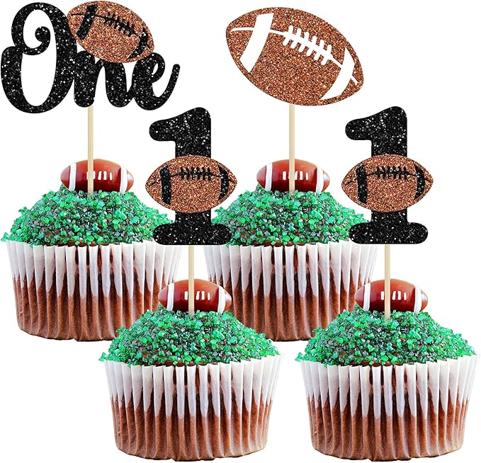 24Pcs Rugby 1st Birthday Cupcake Toppers Glitter First Birthday American Football One Cupcake Picks Decorations for Rugby Sports Theme Baby Shower Kids 1st Birthday Party Cake Supplies