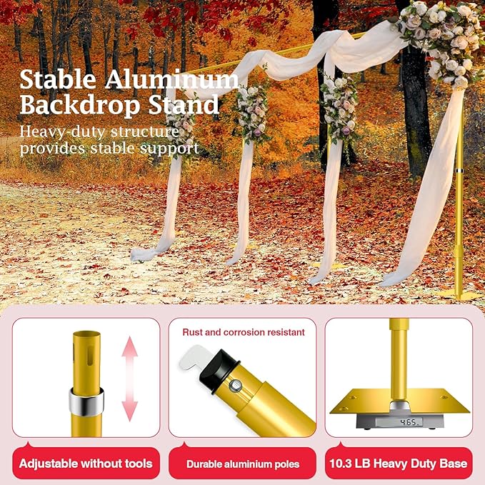 EMART Backdrop Stand Heavy Duty 8.9ftx30ft, Adjustable Pipe and Drape Photo Background Support Kit, Metal Frame with Flat Base for Wedding Birthday Party Banquet Decorations-Gold