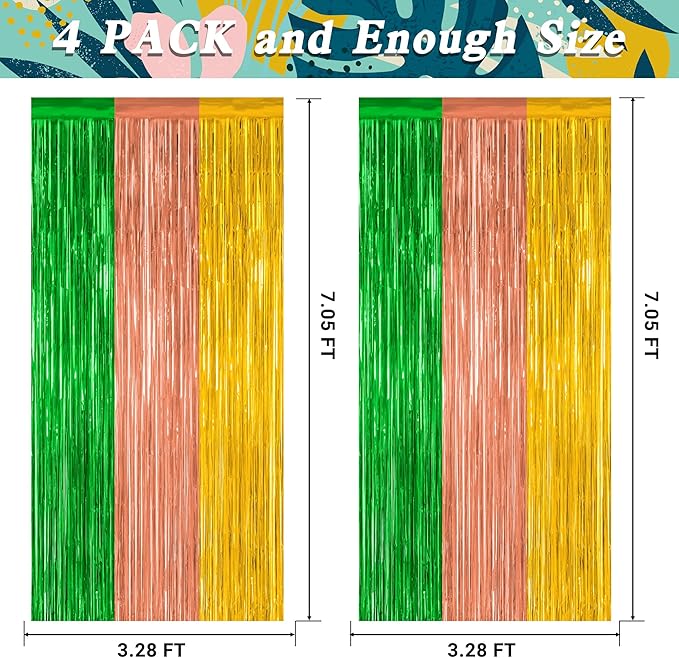 4 Pack Hawaiian Party Decorations, 3.28 FT x 7.05 FT Hawaii Tinsel Backdrop, Green Brown Yellow Foil Curtains Fringe Backdrop Party Streamer, Metallic Summer Decor Luau Party Decorations