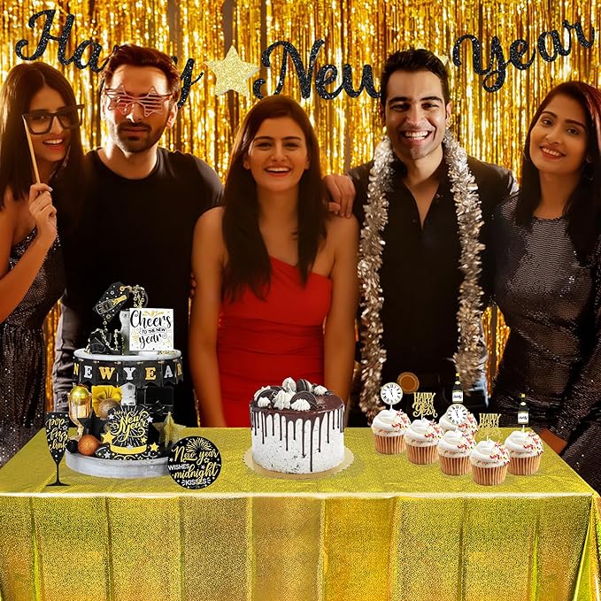 BRAVESHINE Gold Tablecloth Disposable Table Covers - Plastic Rectangle Table Cloth for New Years/Christmas/Men Birthdays/Engagement/Anniversary/Luau Party Decorations - 2 Set 108" x 54"