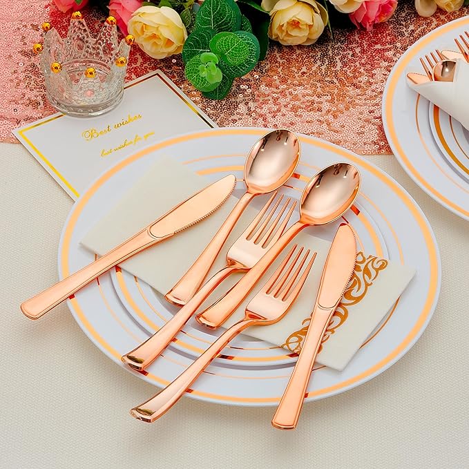 100 Pack Pre Rolled Rose Gold Plastic Silverware Set with Napkins,Disposable Wrapped Heavy Duty Cutlery Set for Wedding Birthday Party-100 Forks,Knives,Spoons,Utensils Set,Plasticware Bulk