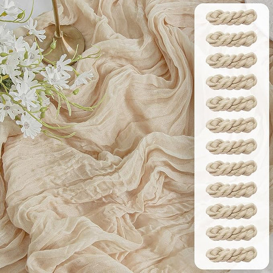 FEXIA 12 Pack Beige Table Runner 35x120 Inches for Baby Shower Decoration Gauze Rustic Table Runner for Wedding Party First Communion Centerpiece Engagement Bridal Shower Boho Decoration
