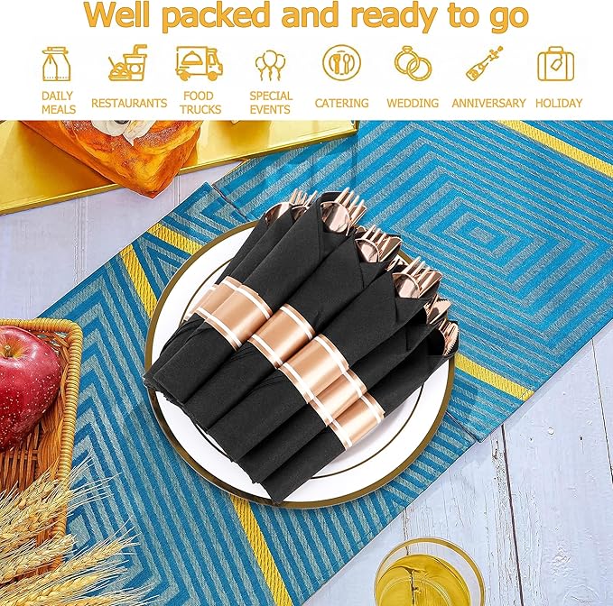 50 Pack Pre Rolled Rose Gold Plastic Silverware Set,Wrapped Plastic Cutlery Set with Napkin Include 50 Forks,50 Spoons,50 Knives and 50 Black Napkins for Party, Wedding,Christmas