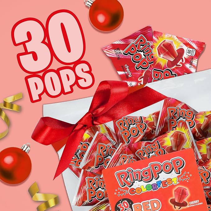 Ring Pop Red Christmas Candy Lollipops, 30 Ct Bulk Individually Wrapped in Red Cherry Flavor, Full Size, Fun Hard Candy For Birthday Parties, Holiday Parties, Stocking Stuffers, Gifts, Party Favors