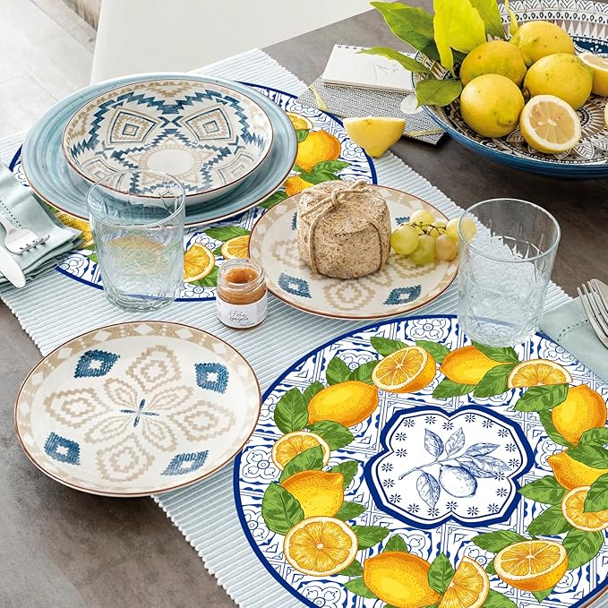 50 Pack Lemon Paper Placemats Disposable 50 Pack 13.7 Inch Cyan Blue Tiles Lemon Fruit Round Place Mats Summer Table Mats for Kitchen Dining Party Decoration