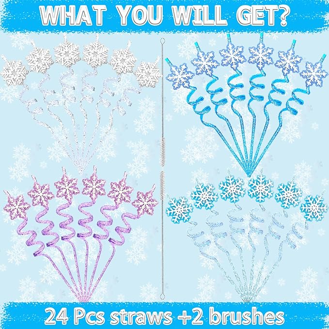 48PCS Pary Straws - 24 Christmas Straws and 24 Glitter Snowflake Straw for Party Favors Decors - Reusable Crazy Straw for Kids Winter Xmas Party Supplies, Plastic Drinking Straw for Kids New Year
