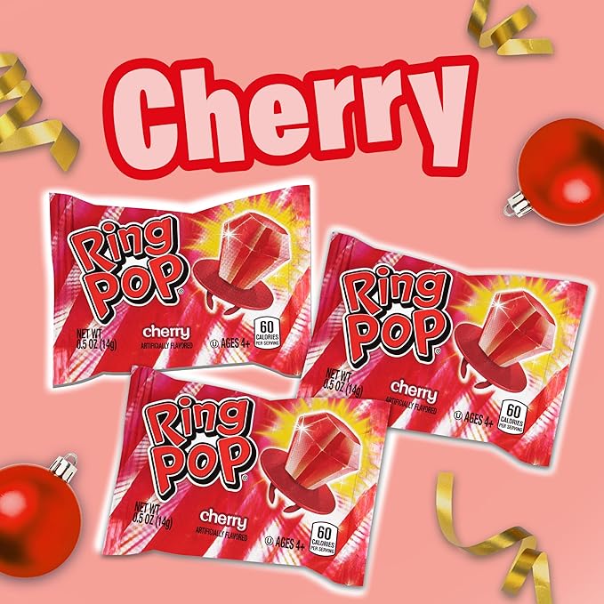 Ring Pop Red Christmas Candy Lollipops, 30 Ct Bulk Individually Wrapped in Red Cherry Flavor, Full Size, Fun Hard Candy For Birthday Parties, Holiday Parties, Stocking Stuffers, Gifts, Party Favors