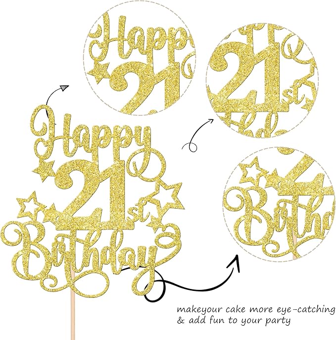 1 PCS Happy 21st Birthday Cake Topper Glitter Cheers to 21 Years Birthday Cake Pick Hello 21 Fabulous Cake Decoration for Happy 21st Birthday Anniversary Party Decorations Supplies Gold