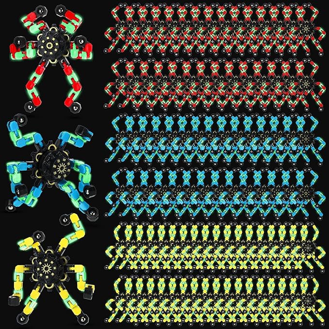 Junkin 100 Pcs Funny Sensory Fidget Toy Bulk Transformable Chain Robot Finger Toys Fidget Spinners Stress Relief Fingertip Gyro Deformable Mechanical Spiral Spinner for Adult Kids ADHD (Bright)