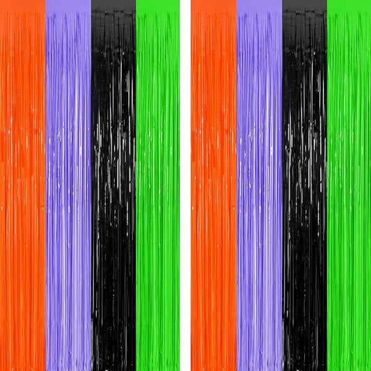 2 Pack Halloween Backdrop, 3.28 FT x 7.05 FT Orange Purple Black Green Party Streamer, Metallic Foil Curtains Tinsel Backdrop, Halloween Party Decorations Photo Props for Door Wall