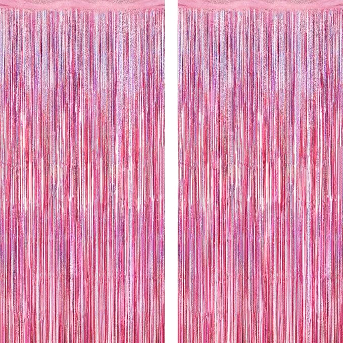 2 Pack Glitter Pink Backdrop, 3.28 FT x 7.05 FT Birthday Party Decorations, Laser Pink Fringe Curtains Foil Streamer Tinsel, Pink Curtains Photo Backdrop Happy Birthday Backdrop