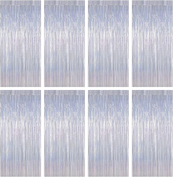 8 Pack 3.28 FT x 7.05 FT Tinsel Foil Fringe Backdrop, Glitter Silver Fringe Tinsel, Metallic Foil Curtains Door Streamer Disco Photo Backdrop Foil Streamer Decor Engagement Party Supplies