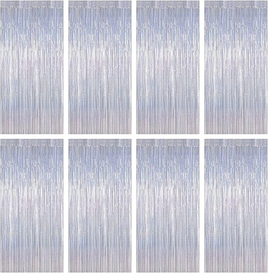 8 Pack 3.28 FT x 7.05 FT Tinsel Foil Fringe Backdrop, Glitter Silver Fringe Tinsel, Metallic Foil Curtains Door Streamer Disco Photo Backdrop Foil Streamer Decor Engagement Party Supplies